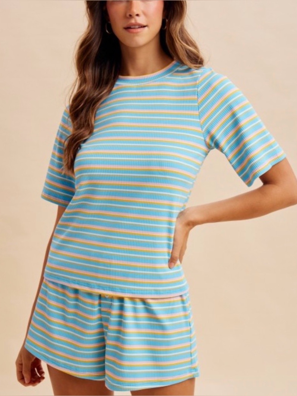 Striped Short Sleeve Ribbed Lounge Set - Blue, Yellow, White, Mint